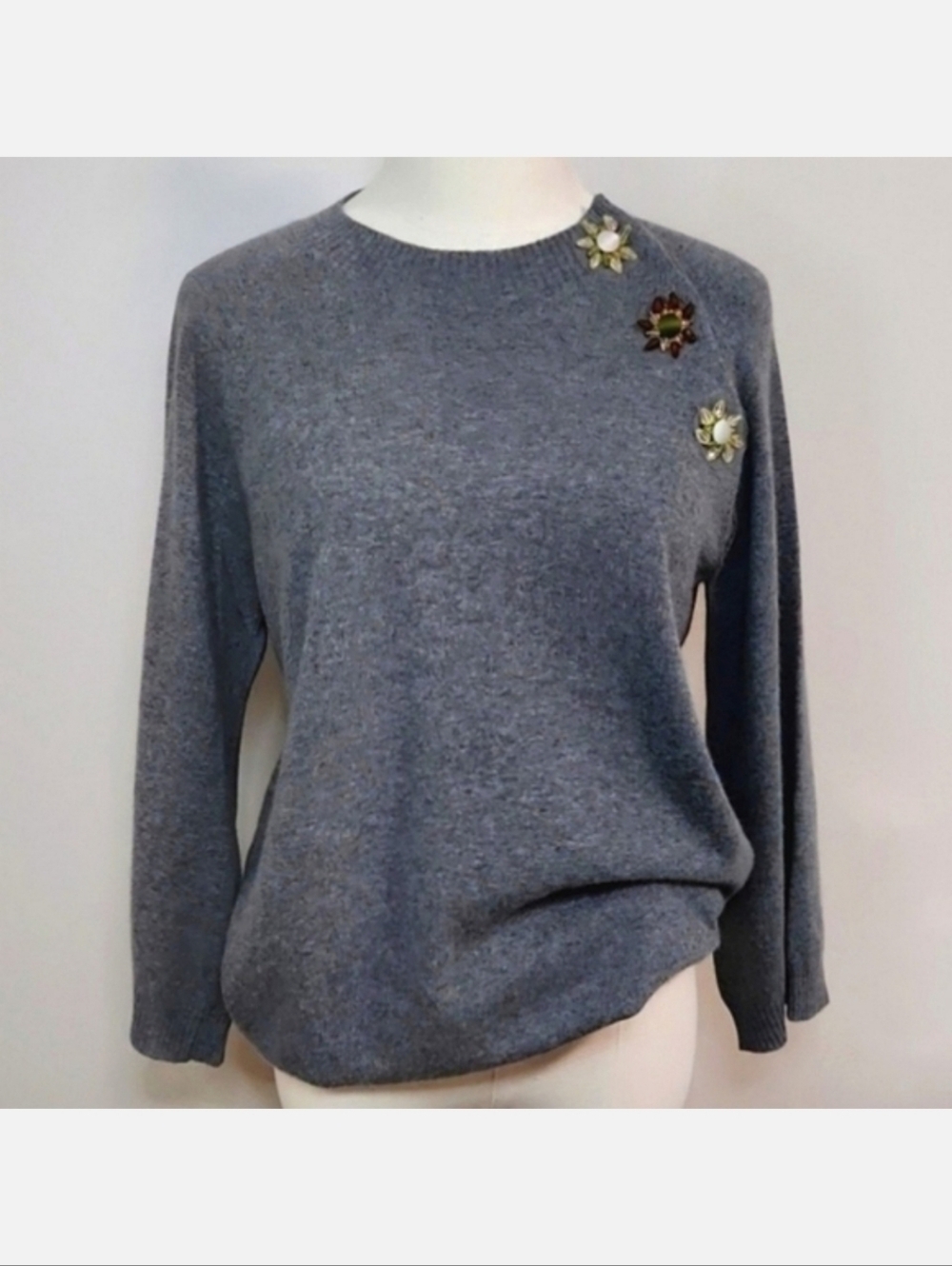 Valentino Grey Wool Sweater W/ Crystal Flowers, Size L ~ Like New